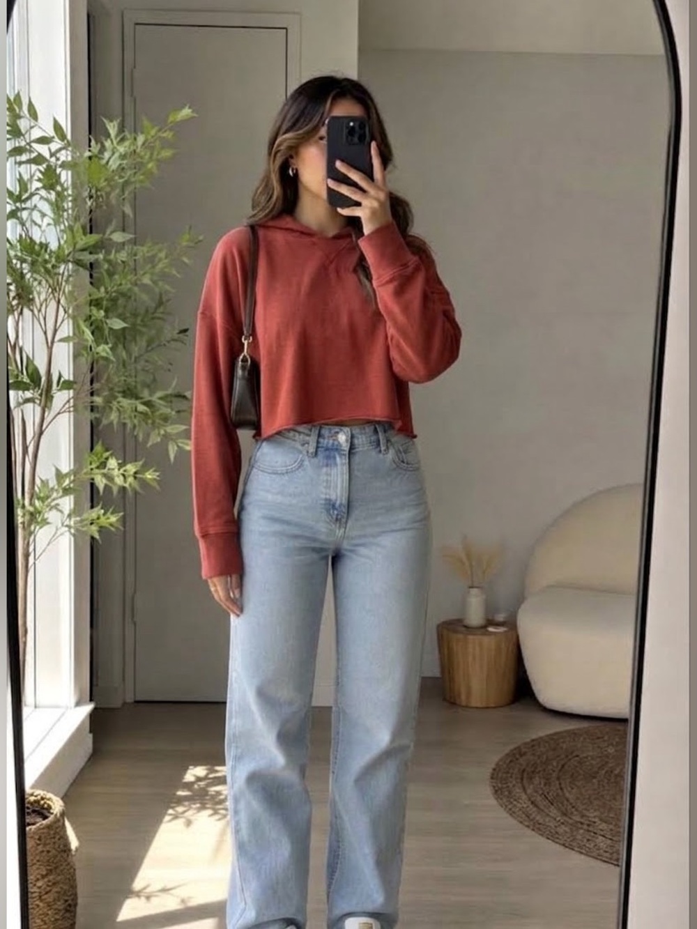 Aerie Offline Red Hooded Long Sleeve Top Oversized Large Cabincore Streetwear